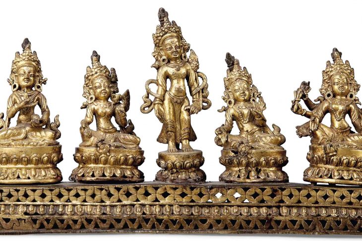 A GILT-BRONZE GROUP OF FIVE BUDDHIST DEITIES