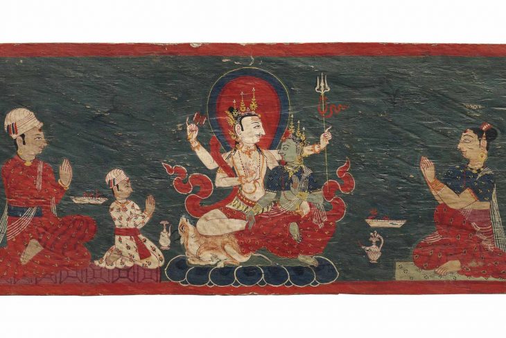 A POLYCHROME WOOD MANUSCRIPT COVER DEPICTING UMAMAHESHVARA