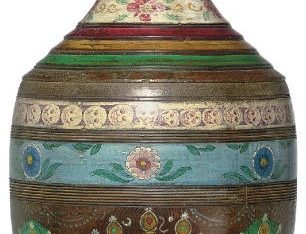 A painted wooden water pot with Heads of Mother Goddesses