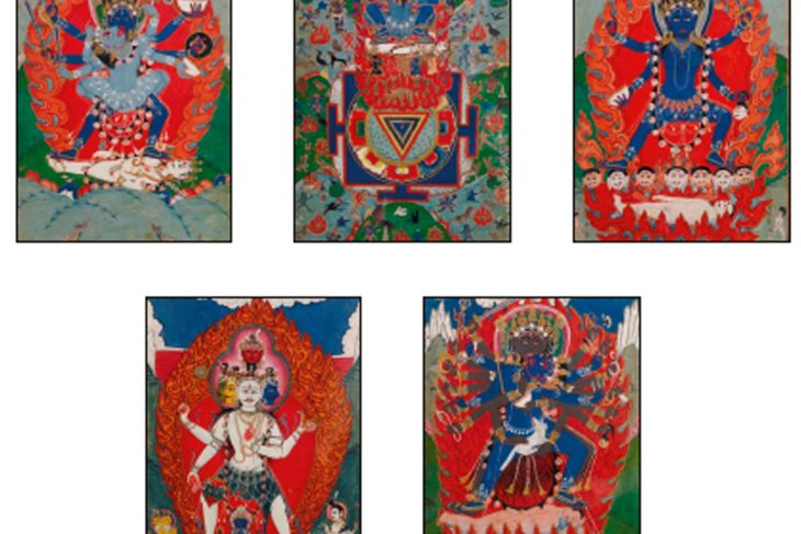 FIVE FRAMED AND GLAZED GOUACHES ON PAPER DEPICTING VARIOUS REPRESENTATIONS OF SHIVA AND KALI