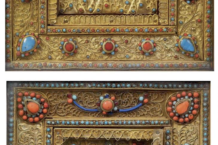 TWO PROFUSELY INLAID GILT-METAL RELIC SHRINES