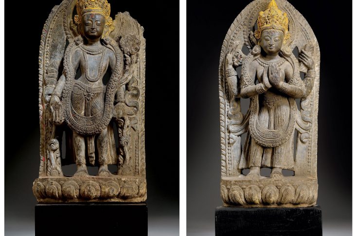 TWO STONE STELES DEPICTING PRAJNAPARAMITA AND PADMAPANI