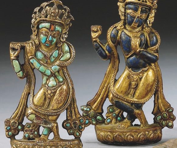 TWO TURQUOISE AND LAPIS-LAZULI INLAID REPOUSSE GILT-COPPER ORNAMENTS DEPICTING VENUGOPALA
