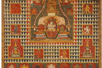 Painted Banner (paubha) of Goddess Ushnishavijaya Within a Funerary Mound (Chaitya) and Surrounded by Chaityas