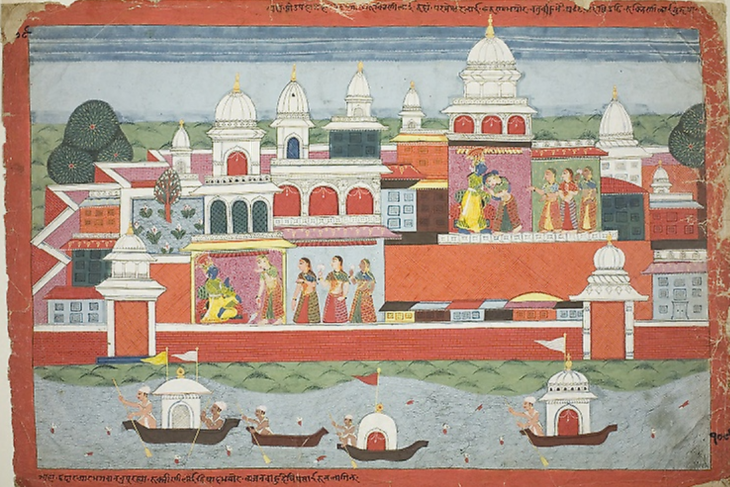 Rukmini Seeks Krishna’s Permission to Visit her Brother Rukma, page from a manuscript of the Bhagavata Purana