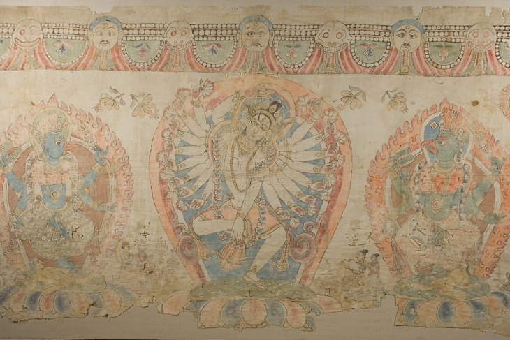 Tantric Temple Banner of a Dancing Goddess Flanked by Dakinis