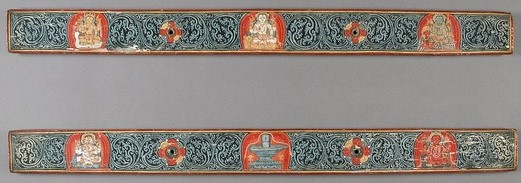 Covers of a Shaiva (Associated with Shiva) Manuscript: (a) Brahma, Shiva, and Vishnu, (b) Ganesha, Linga, and Karttikeya