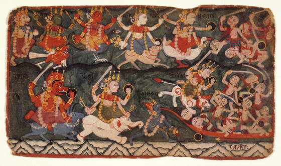 The Goddess Ambika Leading the Eight Mother Goddesses in Battle Against the Demon Raktabija, Folio from a Devimahatmya (Glory of the Goddess)