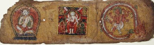 Enthroned white figure in Abhaya gesture (left), Enthroned white multi-armed figure (middle), Red-figure with the upraised leg in circle/serpent (right), Folio from a Pancharaksha (The Five Protective Charms)