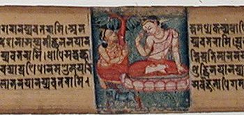 Sudhana kneeling before a Bodhisattva