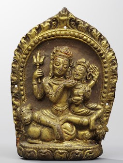 A GILT COPPER ALLOY REPOUSSÉ PANEL OF UMAMAHESHAVARA