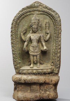 A COPPER ALLOY REPOUSSÉ AND WOOD VISHNU SHRINE