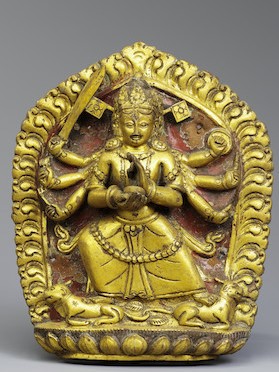 A GILT COPPER ALLOY REPOUSSÉ PLAQUE OF A HINDU DEITY, PROBABLY MAHESHVARI