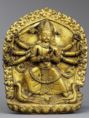 A GILT COPPER ALLOY REPOUSSÉ PLAQUE OF KUMARA OR KUMARI