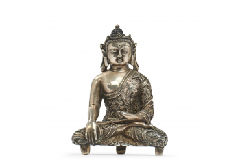 Chased silver statue of crowned Buddha Shakyamuni